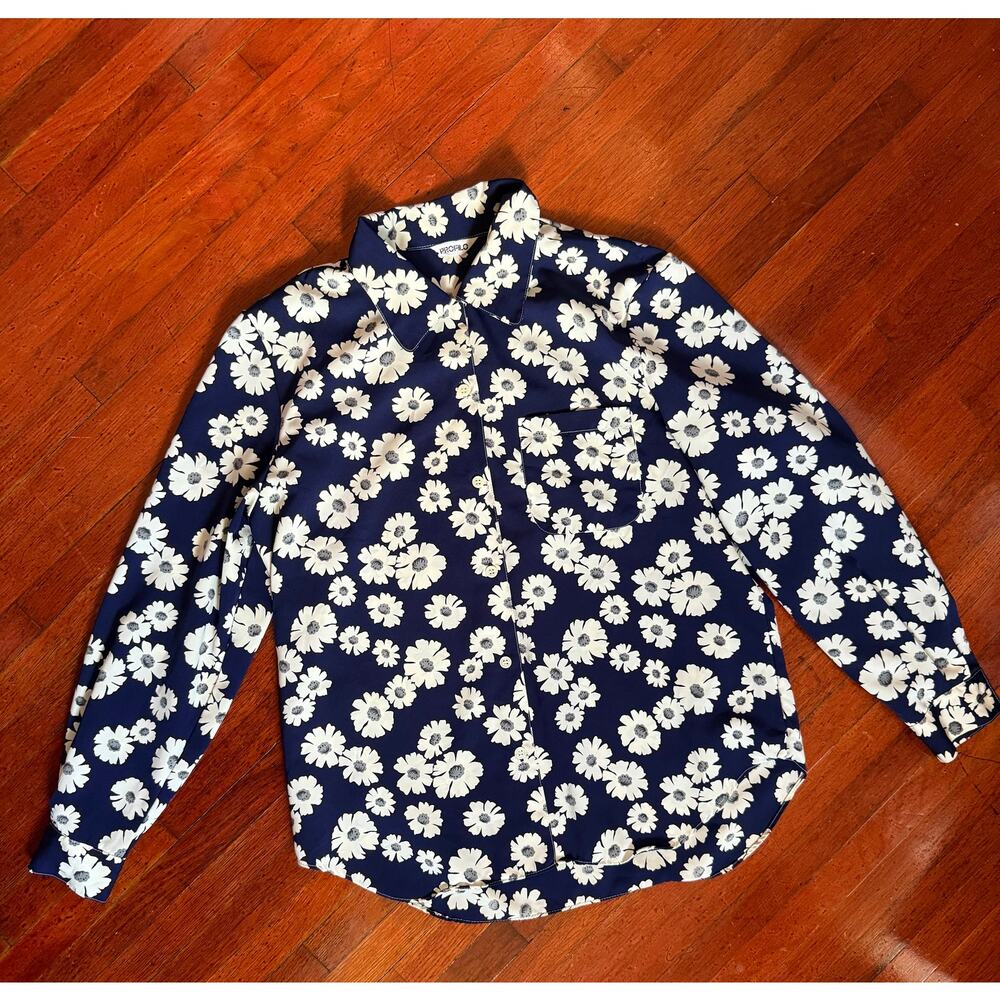 Vintage 90s Profilo Navy Blue White Floral Boho Hippie Long Sleeve Blouse Small